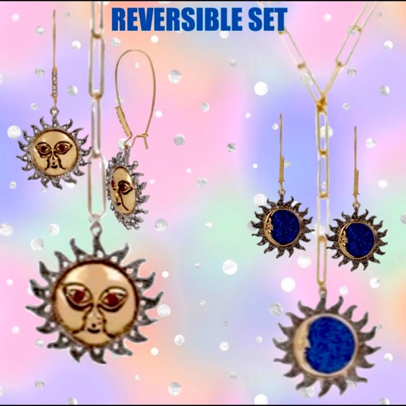 💘2-N-1 REVERSIBLE CELESTIAL SUN HOOK Y-NECKLACE & EARRINGS BLUE - Picture 3 of 10